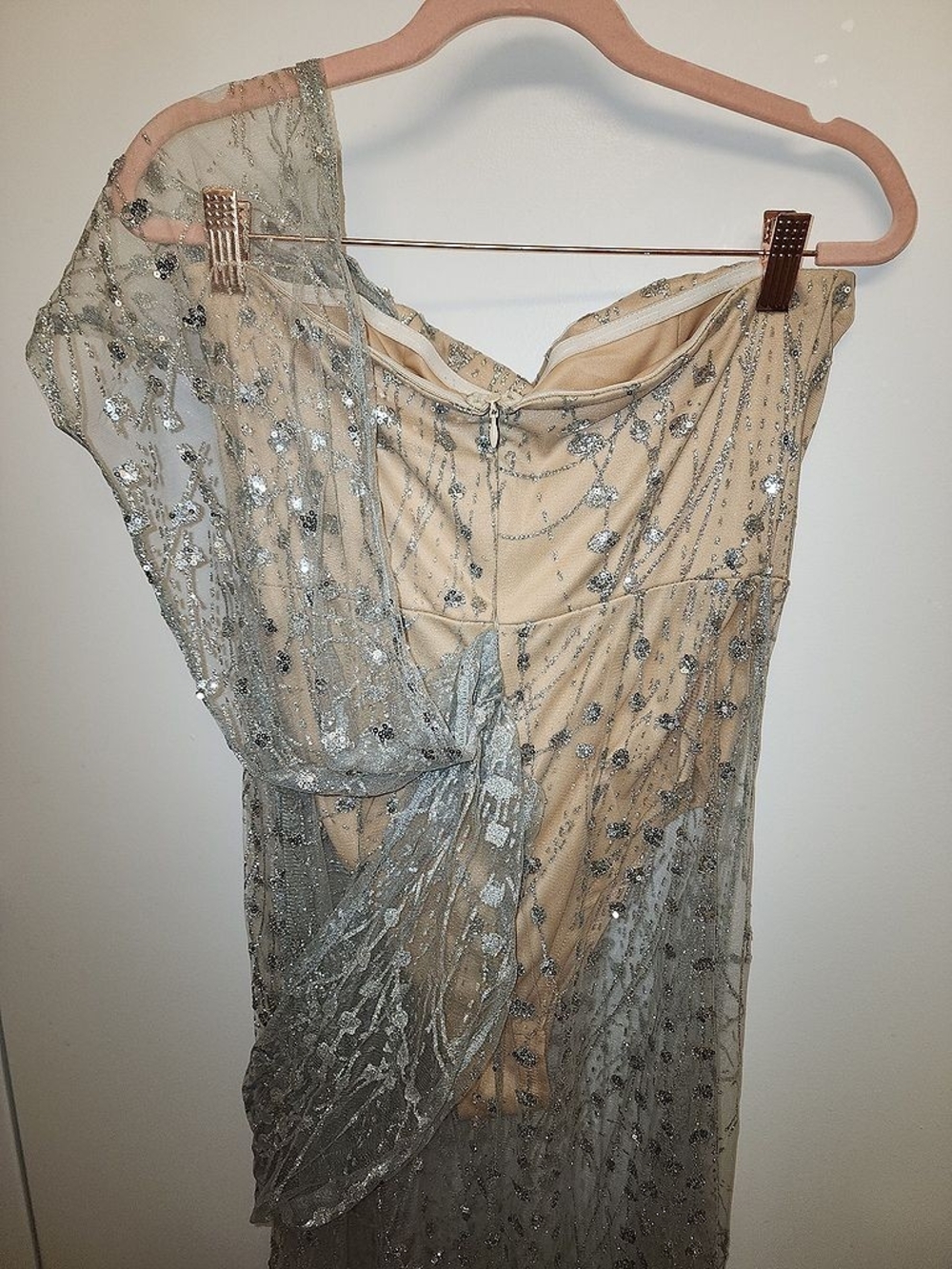 Split Silver Sequin Maxi Dress with Nude Bodysuit, Medium - Picture 6 of 10